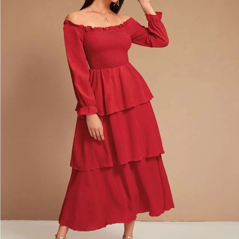 SHEIN Plus Shirred Frill Layered Hem A-line Dress